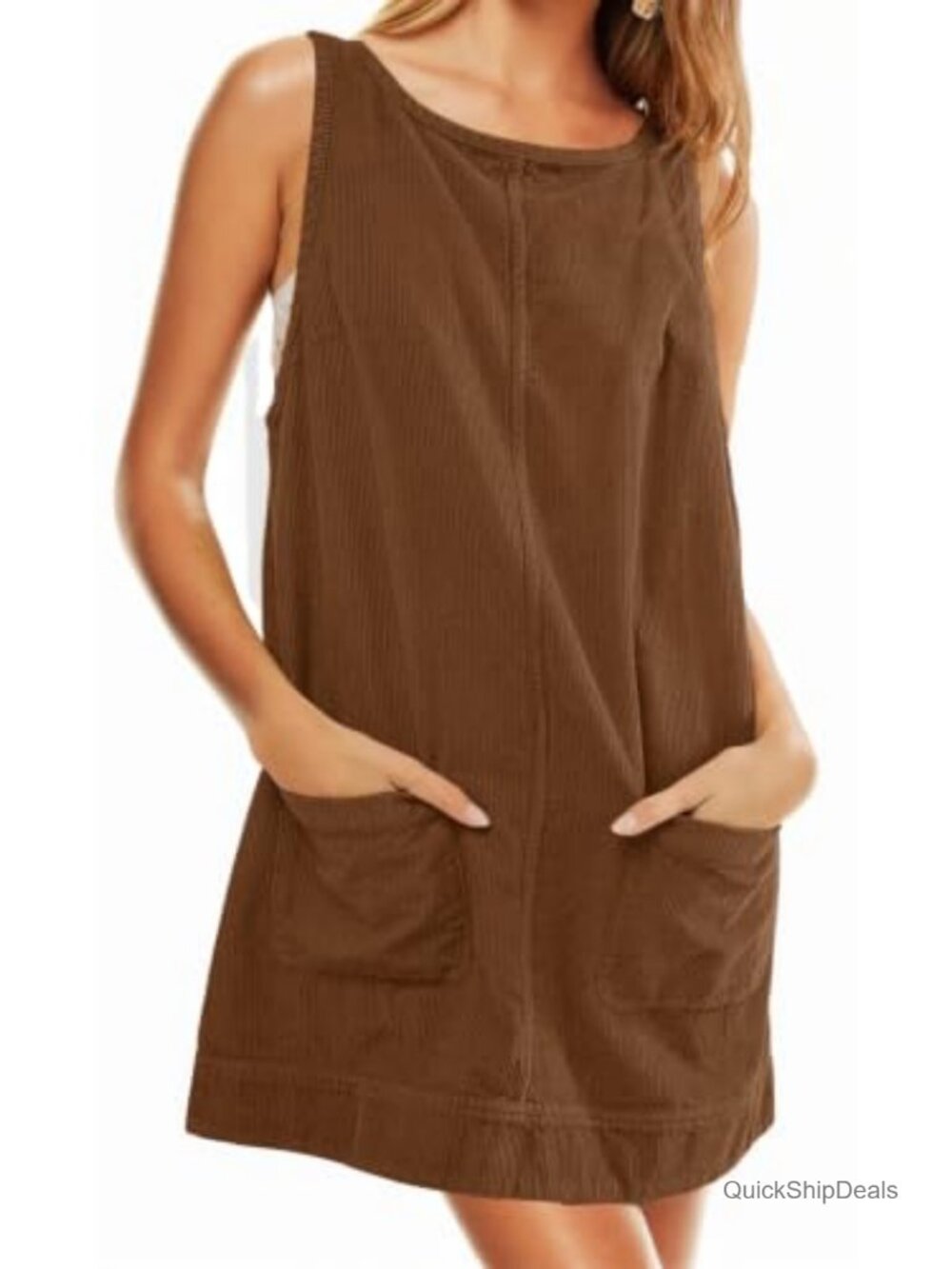 Women's Corduroy Overalls Dress Low Open Back Skirtall Jumper Mini Dress with